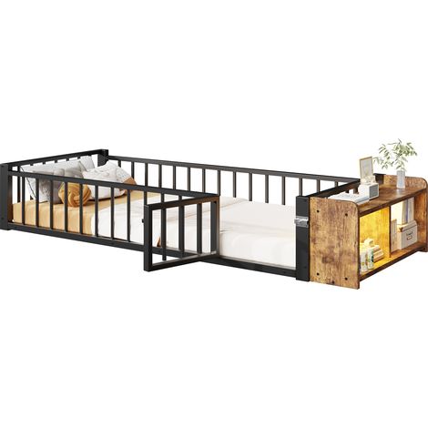 Lit enfant métal 90 x 200 cm avec barrière de sécurité, rangement ouvert et LED d’ambiance, cadre en fer noir, pratique pour petits espaces – CHICFURN (1/5)