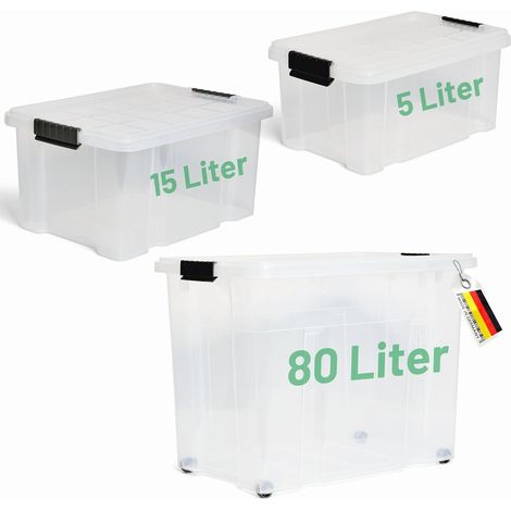 Novaliv Lot de 5 boîtes de rangement avec couvercle, transparentes, 1x80 L + 1x55 L + 1x28 L, emboîtables, empilables, fermeture à clip, boîtes à