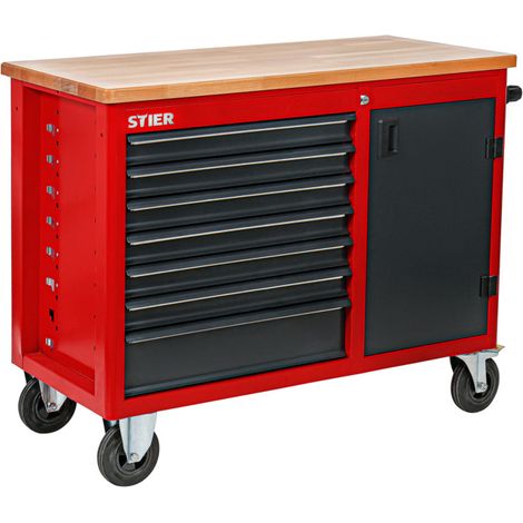 Stier – Servante d'atelier mobile avec 7 tiroirs – Charge max 300 kg – Plateau en bois 36 mm – Dimensions 925 x 1120 x 520 mm – Roulettes pour transport facile (1/5)