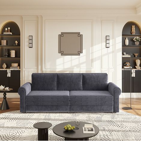 MODFU – Divano letto 3 posti 3-in-1 estraibile 238x90x98 cm in velluto con braccioli arrotolati, borchie decorative, schiuma e molle insacchettate per salone – Grigio (1/5)