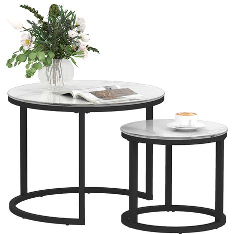 Glass Coffee Table Set of 2, Round Nest of Tables with Marble-Effect Tempered Glass Tabletop Steel Frame, Modern Side Tables for Living Room, White (1/5)