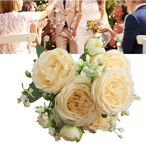3 Bouquets 5 têtes de Roses persanes artificielles, Bouquet de Roses attachées à la Main pour Mariage, décoration de Salon, de Maison, 30 cm (Yellow) (1/5)
