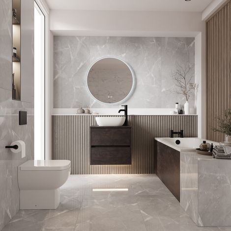 Alford 1400mm Steel Straight Single Ended Bathroom Suite including Matt Black Flush Plate Back to Wall Toilet and Metallic Slate Vanity Unit with Countertop Basin (1/5)