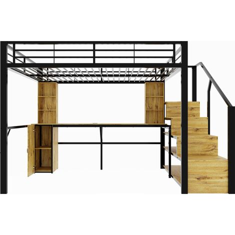 Litera alta de metal 140 x 200 cm con escritorio, armario, escalera y USB, negro (1/5)