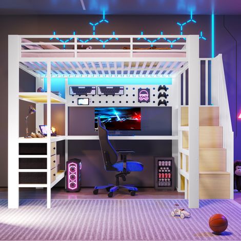 DESMIU Lit mezzanine 140 × 200 cm 1 place avec 3 tiroirs, LED réglable, prise, sans matelas, en MDF et métal, blanc (1/5)