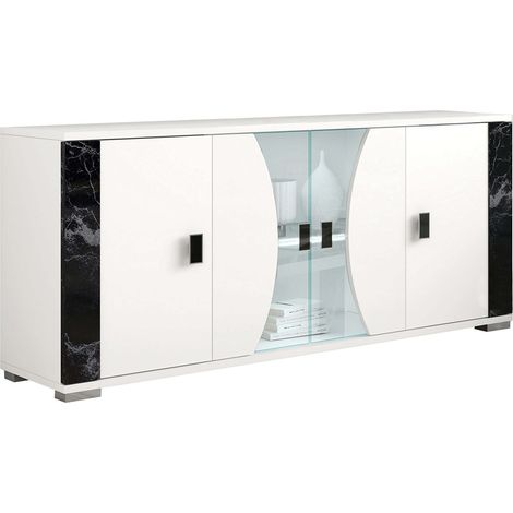 Altobuy – Buffet 4 portes blanc avec éclairage LED intégré – Décor latéral aspect marbre noir – Dimensions 190 x 47 x H86 cm – Design italien moderne (1/3)