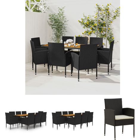 The Living Store - 9-tlg. Garten-Essgruppe Poly Rattan Schwarz (1/5)