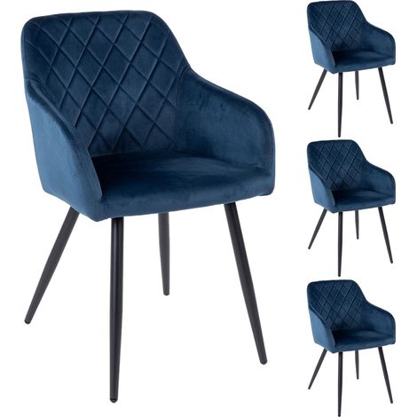M&S – Lot de 4 chaises en velours bleu 59x56x82 cm – Accoudoirs intégrés – Piétement métal noir – Confort optimal pour salle à manger