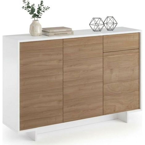 Dmora - Sideboard Aneto, Wohnzimmer-Sideboard, Wohnzimmer-Buffet mit 3 Türen und 1 Schublade, 100 % Made in Italy, 134 x 35 x 87 cm, Weiß und Eiche, mit verstärkter Verpackung