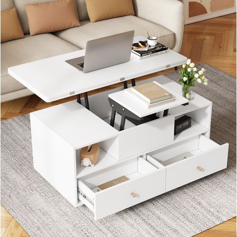 Table basse relevable 100x50x47,5 cm blanche avec 4 tiroirs et roulettes, plateau pliant MDF MEUBLIV (1/5)