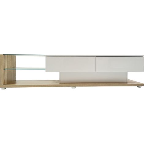 Mueble TV blanco brillo con detalles madera y luces LED, 170 cm (1/5)