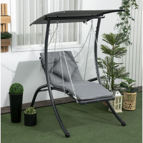 Balançoire de jardin 2 places avec coussin, dossier inclinable et toit réglable, gris foncé, structure acier, pour jardin, terrasse et balcon - CHICFURN (1/5)