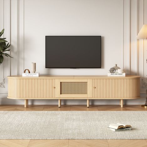 Mobile porta TV/basso moderno dal design arrotondato con anta a rullo, realizzato in MDF, con cassetto, adatto a TV fino a 75 pollici, ideale per soggiorno e sala da pranzo, 180x40x40 cm, colore legno (1/5)