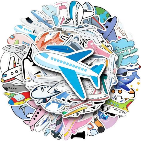 Juego de 50 pegatinas de vinilo para aviones y helicópteros para niños, impermeables, divertidas y bonitas, pegatinas para vehículos para niños, portátiles, monopatines (aviones) (1/5)