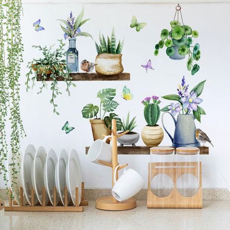 Stickers Muraux Plantes Vertes Autocollant Mural Fleurs Feuilles Pot Deco Stickers Salle de Bain Cuisine Chambre Bébé Décoration (1/4)