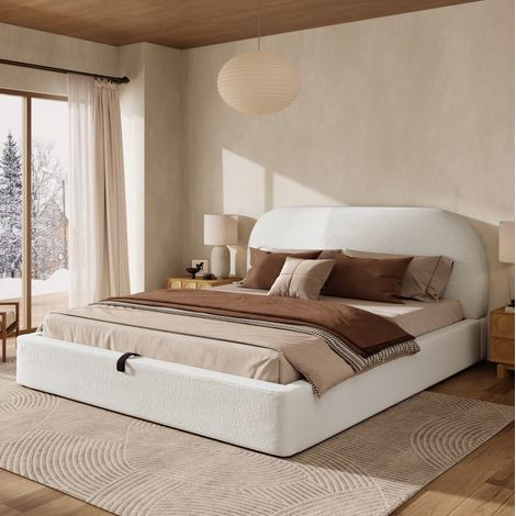 Cama doble 180x200 cm bouclé beige con arcón hidráulico, ahorro de espacio, sin colchón – MEUBLIV (1/5)