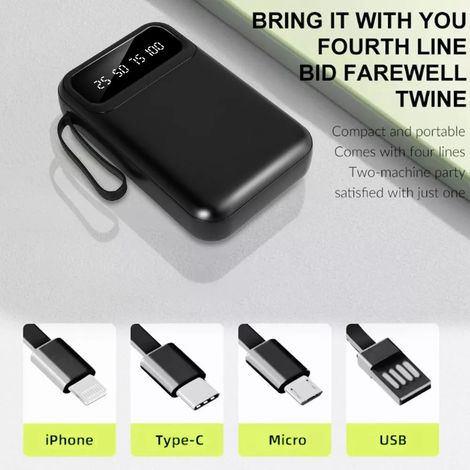 FLITI 20000mAh External Battery, 2.1A Fast Charging, Portable Power Bank with 4 Built-in Cables (USB Type-C, Micro USB, Apple) for Smartphones and Tablets, Black (1/5)