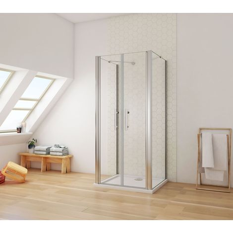 Ducha Casa 90x90x195cm Mampara de ducha dos paneles abatibles cuatro hojas, 6mm cristal templado antical, barra de sujeción incluido, marco de aluminio cromado (1/5)