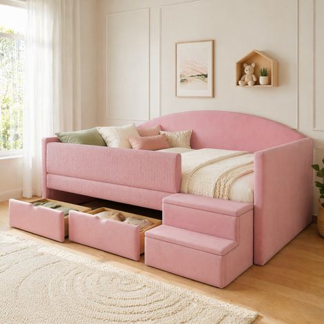 Cama infantil tapizada de terciopelo rosa 90x190 cm con 2 cajones, barandillas, peldaños y somier de láminas (1/5)