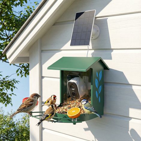 Mangeoire oiseaux acier anti-écureuil panneau solaire vert avec caméra intelligente 2k coque 30 x 34.5 x 26.3 cm finition de qualité