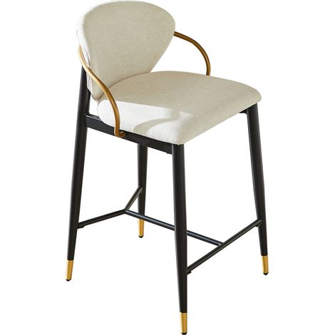 Set de 2 taburetes altos de chenilla beige con estructura negra y detalles dorados, con respaldo (1/5)