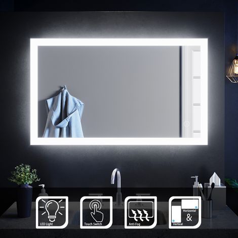 ELEGANT Horizontal Vertical Wall Mounted Bathroom Mirror 4mm Copper-Free Mercury Illuminated Mirror 1000x600mm with Demister and Sensor IP44 Rated (1/5)