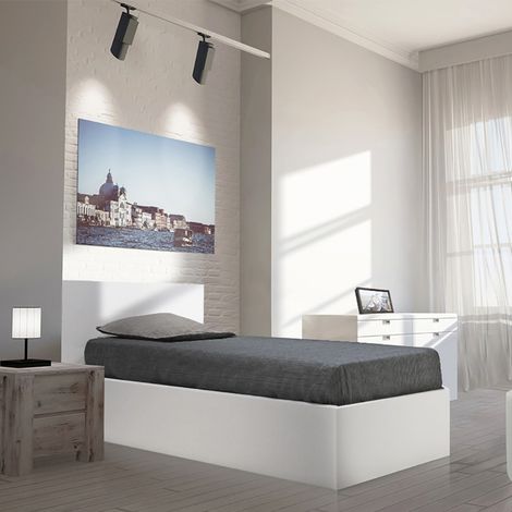 Lit coffre MADRID 90x190 – Structure en panneau de particules blanc – Sommier 14 lattes multiplis – Rangement sous le lit – Weber Industries (1/5)