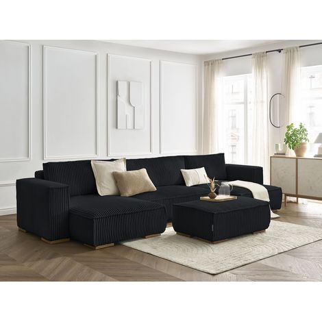 BOBOCHIC - Canapé panoramique convertible coffre CHELSEA gros côtelé doux avec pouf Noir (1/5)