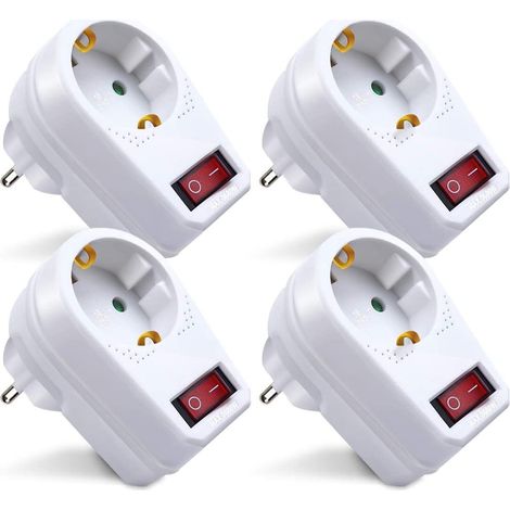 Lot de 4 adaptateurs avec interrupteur et prises Schuko, protection enfant, retardateur de flamme, 3680 W, 16 A, blanc, 4 pièces (1/5)