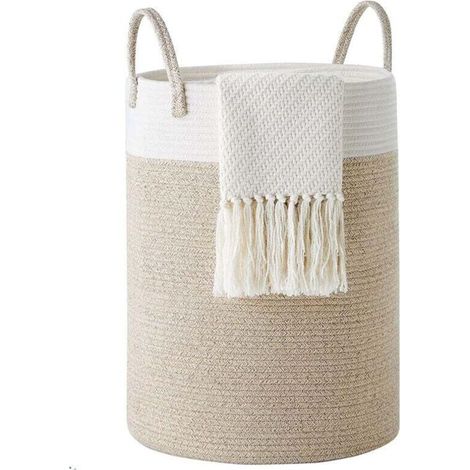 Panier à linge en corde de coton par,58L Panier à linge pliable tissé Panier de rangement pour couvertures,organisation de buanderie, rangement de chambre à coucher, panier à vêtements Marron (1/4)