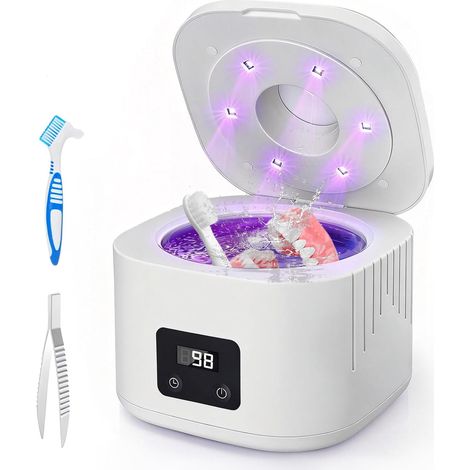 Nettoyeur Ultrasons, 490000Hz Bac Ultrasons avec Lampe UV et 3 Modes (180s/300s/600s),340ML Ultrasonic Retainer Cleaner Dental Pod Dentaire,avec une brosse et une pince,pour Prothèses Dentaires, Gou