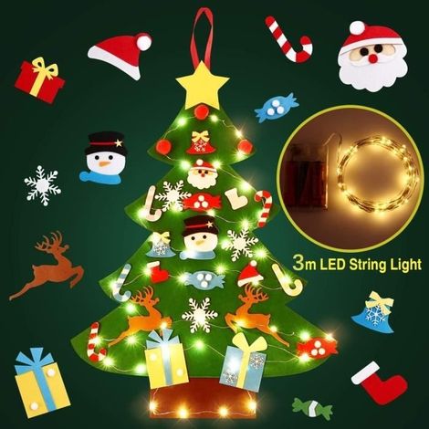 Weihnachtsbaum aus Filz, 95 cm, DIY-Weihnachtsbaum-Fensterdekoration aus Filz mit LED-Lichtern, abnehmbarem Schmuck, Weihnachtsgeschenk (1/4)