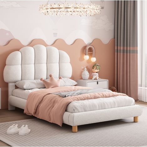 Lit enfant 90/200 cm blanc en tissu bouclette à tête de lit réglable (1/5)