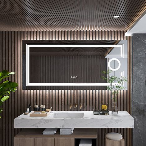 Large Backlit LED Illuminated Modern Bathroom Mirror with Demister Round 3x Magnifier, 1200 x 600mm (1/5)