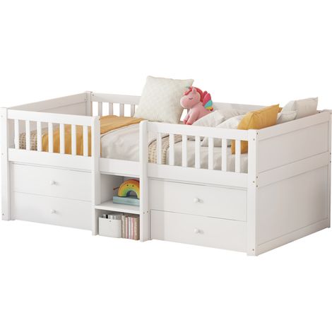 Cama alta 90x200 cm con 4 cajones, barrera de seguridad y escalera, en pino y MDF, acabado blanco, estilo minimalista para dormitorio infantil  CHICFURN (1/5)