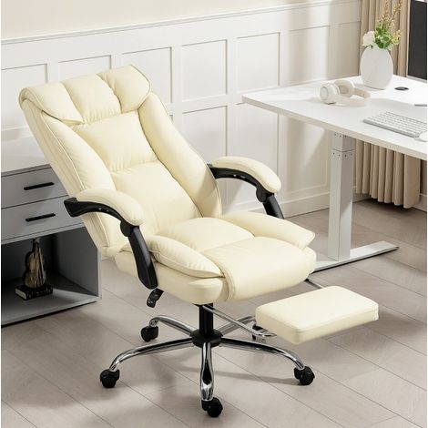 Chaise de bureau ergonomique en simili cuir beige, dossier inclinable 155°, repose-pieds, pivotante, 66 x 72 x 113-121 cm (1/5)