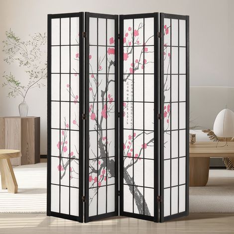 Cloison de Séparation Japonaise à 4 Panneaux, Séparateur de Pièce Pliable en Bois, Paravent de Confidentialité, pour Séparation de Pièce, Maison, Bureau et Chambre à Coucher, Fleurs de Cerisier (1/5)