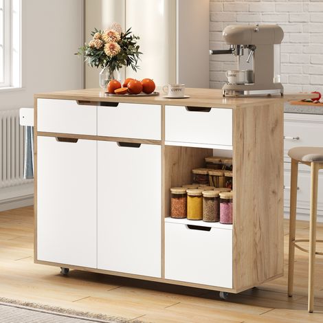 Mobiler Küchenwagen 120x70x85cm mit 360°-Rollen, hohes Buffet, mobiler Esstisch, Servierwagen mit 3 Schubladen und 2 Türen, offene Ablage, für Küche oder Wohnzimmer, Weiß