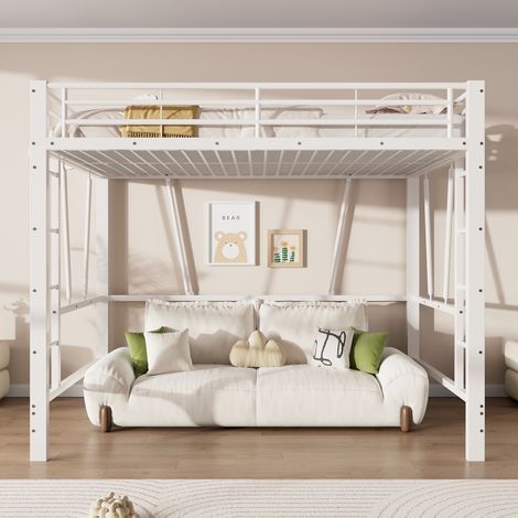 Lit mezzanine 140x200 cm – avec double échelle et espace sous lit modulable – métal – blanc