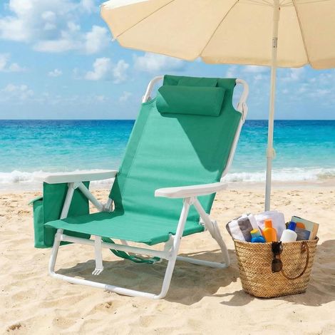 Sedia da Spiaggia,Pieghevole,Zaino,Reclinabile,Campeggio,Verdi  Sedia Spiaggia 5 Regolazioni, Telaio Ferro 600D, Carico 150kg, Pieghevole Spallacci (1/5)