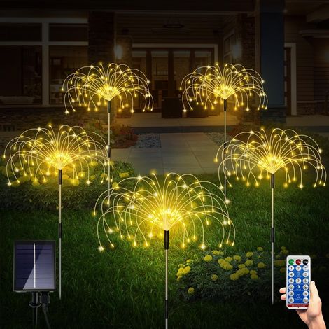 Juego de guirnaldas de luces solares para jardín, 8 modos de iluminación, decoración exterior DIY, 120 LED con efecto fuegos artificiales (luz blanca cálida). (1/5)