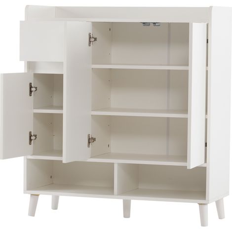 Scarpiera bianca con ripiani regolabili, gambe in legno e design senza maniglie 90x35x99 cm (1/5)