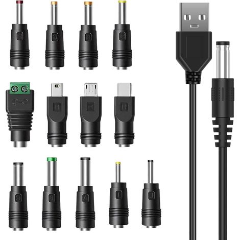 13 in 1 Multi End USB to DC Charger 5.5 x 2.1 mm, 1 m Universal Cable with 13 Connectors for Fans, Routers, Ribbon Lights, LED Shaver, TV Box, PC Universal Diffuser (1/5)