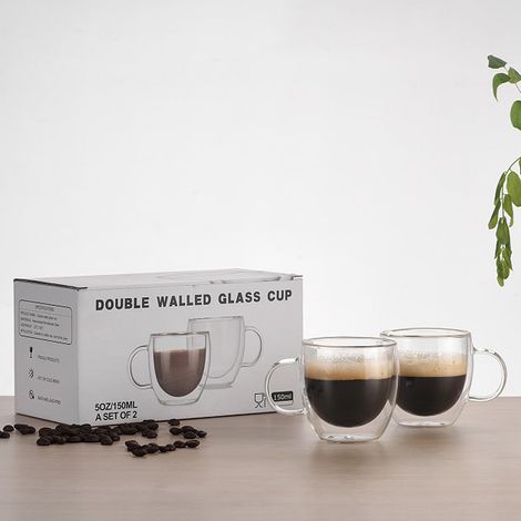 2 doppelwandige Glasbecher, transparente Tassen für Kaffee, Milch und Fruchtsaft, 80 mm hoch, 74 mm Öffnungsdurchmesser, 45 mm Bodendurchmesser, 150 ml (1/5)
