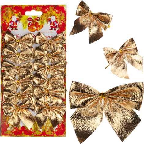 TG59773-2 12-teiliges Set goldener, glänzender Weihnachtsbaum-Dekorationsschleifen