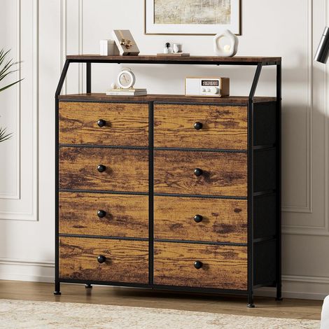 Kommode mit 8 Schubladen, Vintagebraun, mit Regal und Holzplatte (1/5)