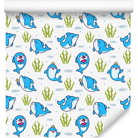 Papier peint dauphins blanc, bleu azur et crème pour salon et chambre 50x1000 cm (1/5)