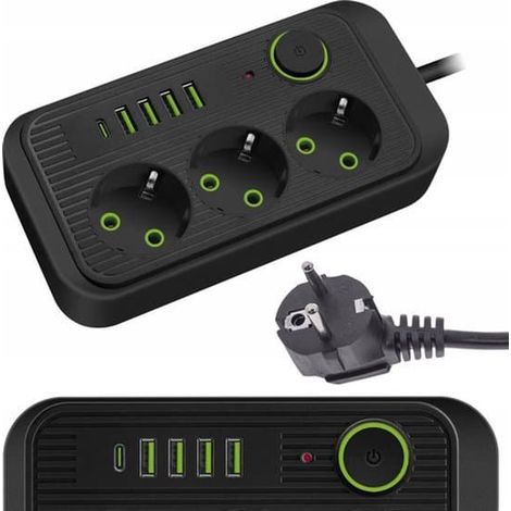 Multiprise noire avec 3 prises de courant, 5 ports USB, charge rapide et filtre réseau (1/5)