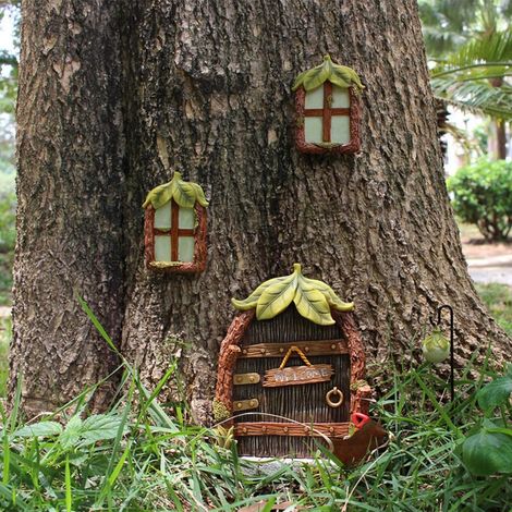 Ensemble de portes naines - Décoration de jardin - Décoration d'arbre - Ensemble de 4 pièces - Portes et fenêtres féeriques avec lanternes - Décoration d'arbre de jardin (1/4)