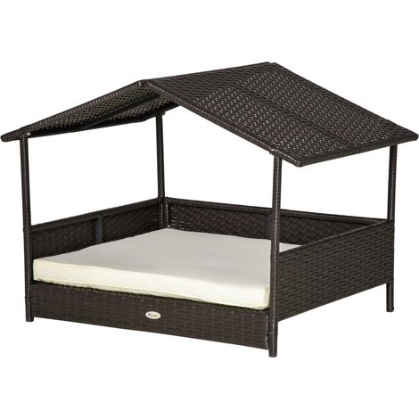 Wicker Dog House, Rattan Pet Bed, with Removable Cushion, Canopy, for Small and Medium Dogs